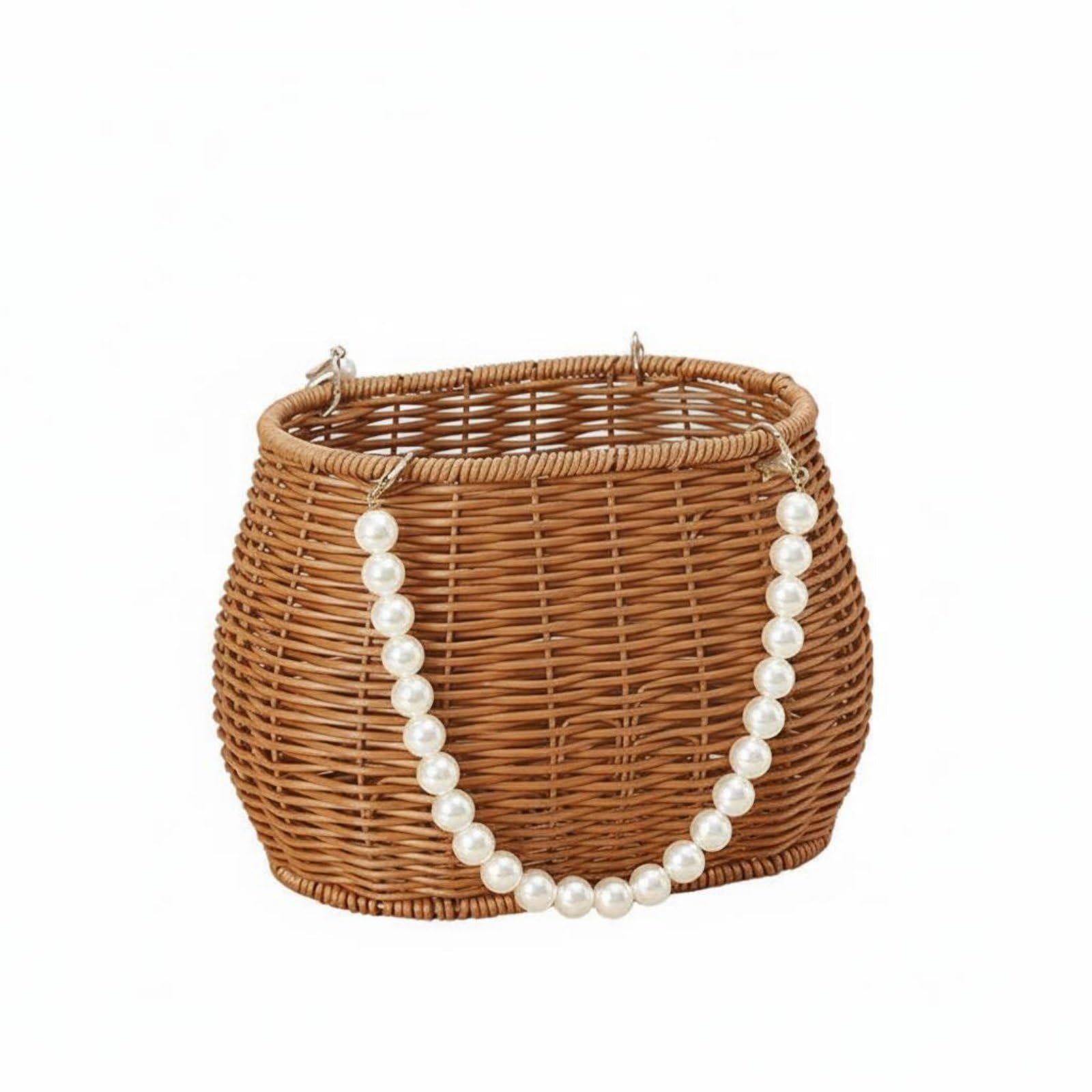 Multi-Purpose Rattan Design Flower Basket Multifunctional Woven Basket Pearl Handle Artisanal Pearl Handle Storage Bin Elegant Design for Party Decor, Wedding, 20-14-15cm, Oval-image-34