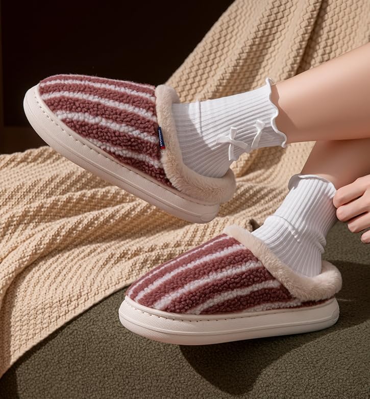 Women’s Striped Plush Indoor Slippers, Closed Toe House Shoes with Soft Lining & Non-Slip Sole for Fall Winter3