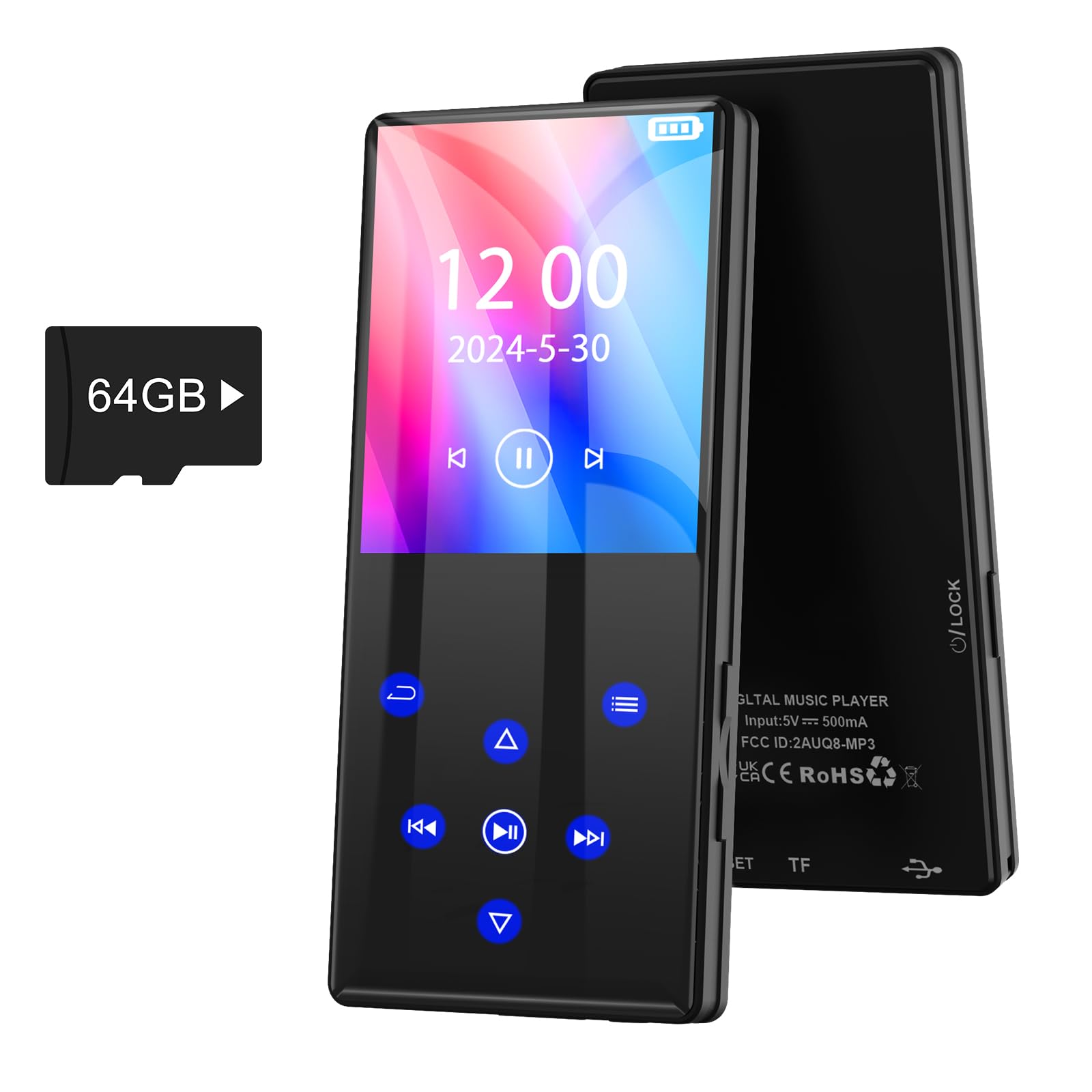 Lecteur MP3 Bluetooth Gueray 64 Go - Écran Tactile 2,4", Radio FM, Haut-parleur Intégré, Autonomie 40h