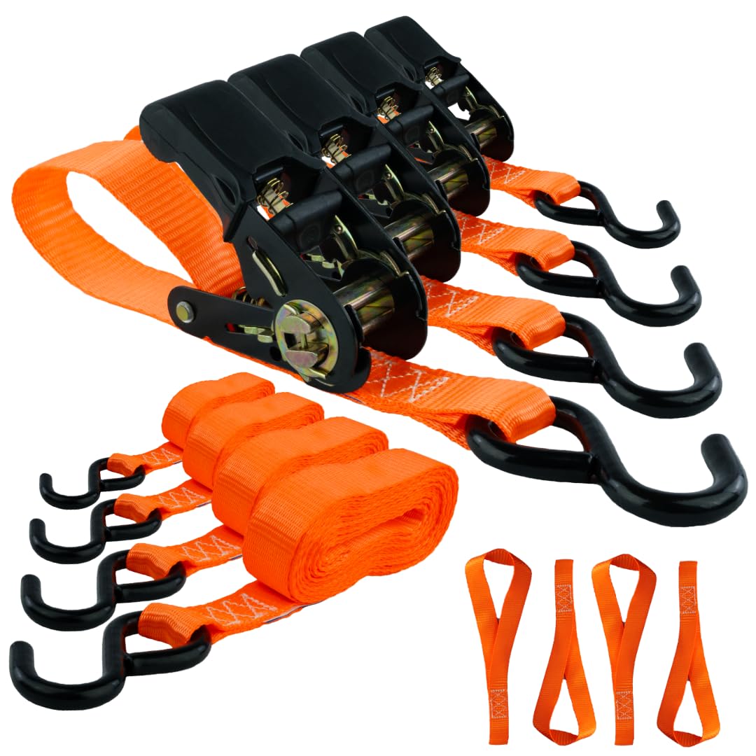 MCS Cargo Security 200022001 Lashing Strap Set of 4 with Soft Grip Ratchet and S-Hooks up to 800 kg 4.5 m Orange