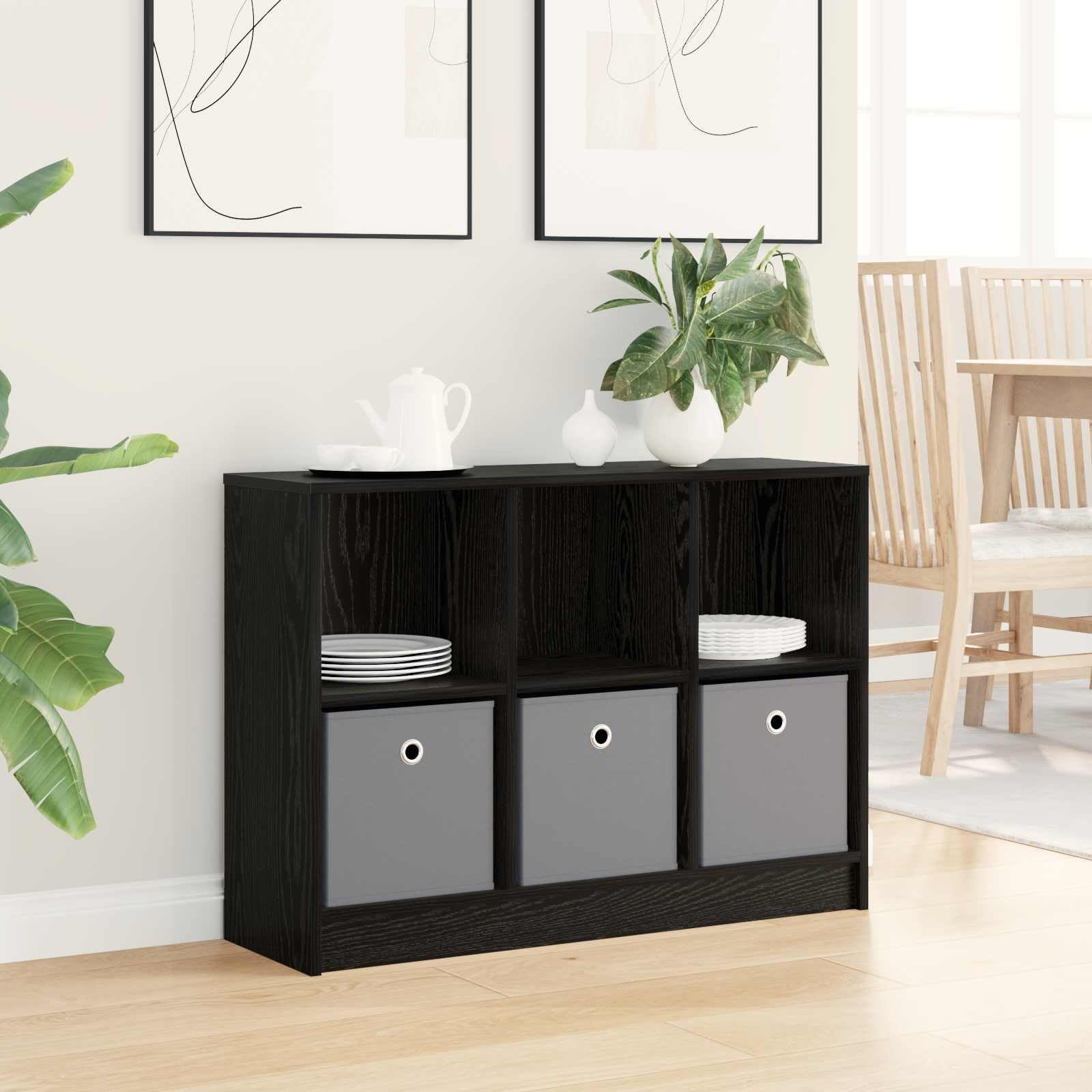Versatil armario de salon negro efecto roble con tres cajones elegantes