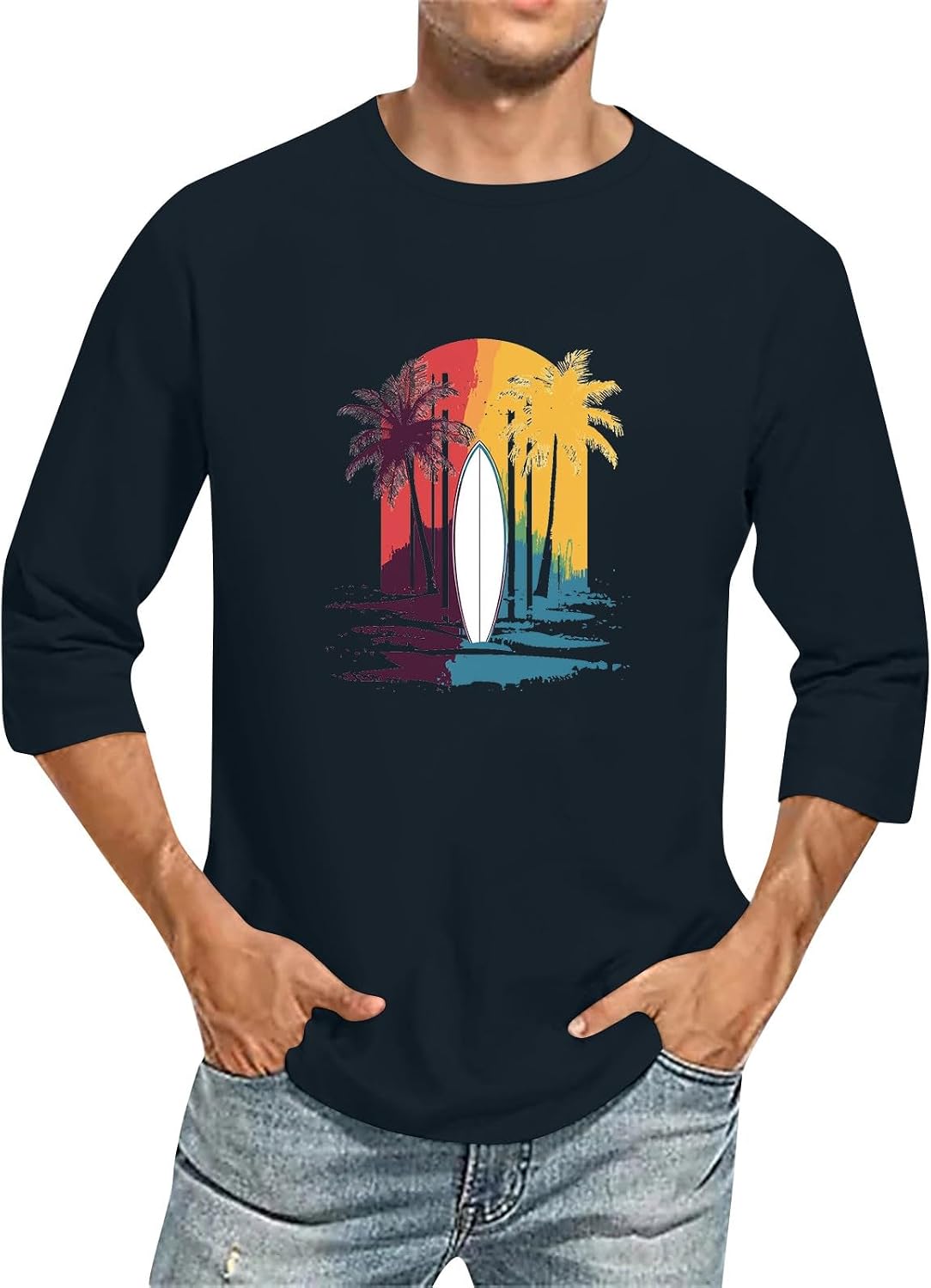 WENKOMG1 Men's Novelty Graphic Print Tee Shirt 3/4 Sleeve Casual Summer Hawaiian Beach T Shirts, M-3XL