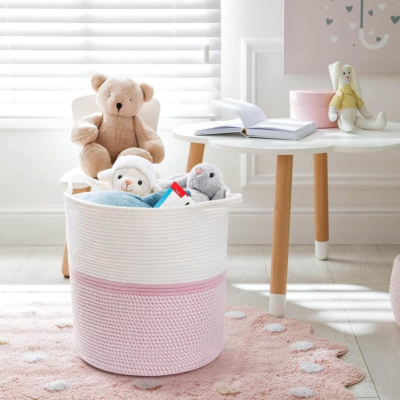Image of Large Basket Natural Cotton Rope Storage Basket and Hamper for Cloths and Multi Usage in Living Room, Bedroom, Laundry Room (Size - 14 inch x 14 inch x 18 inch) (Pink Mix)