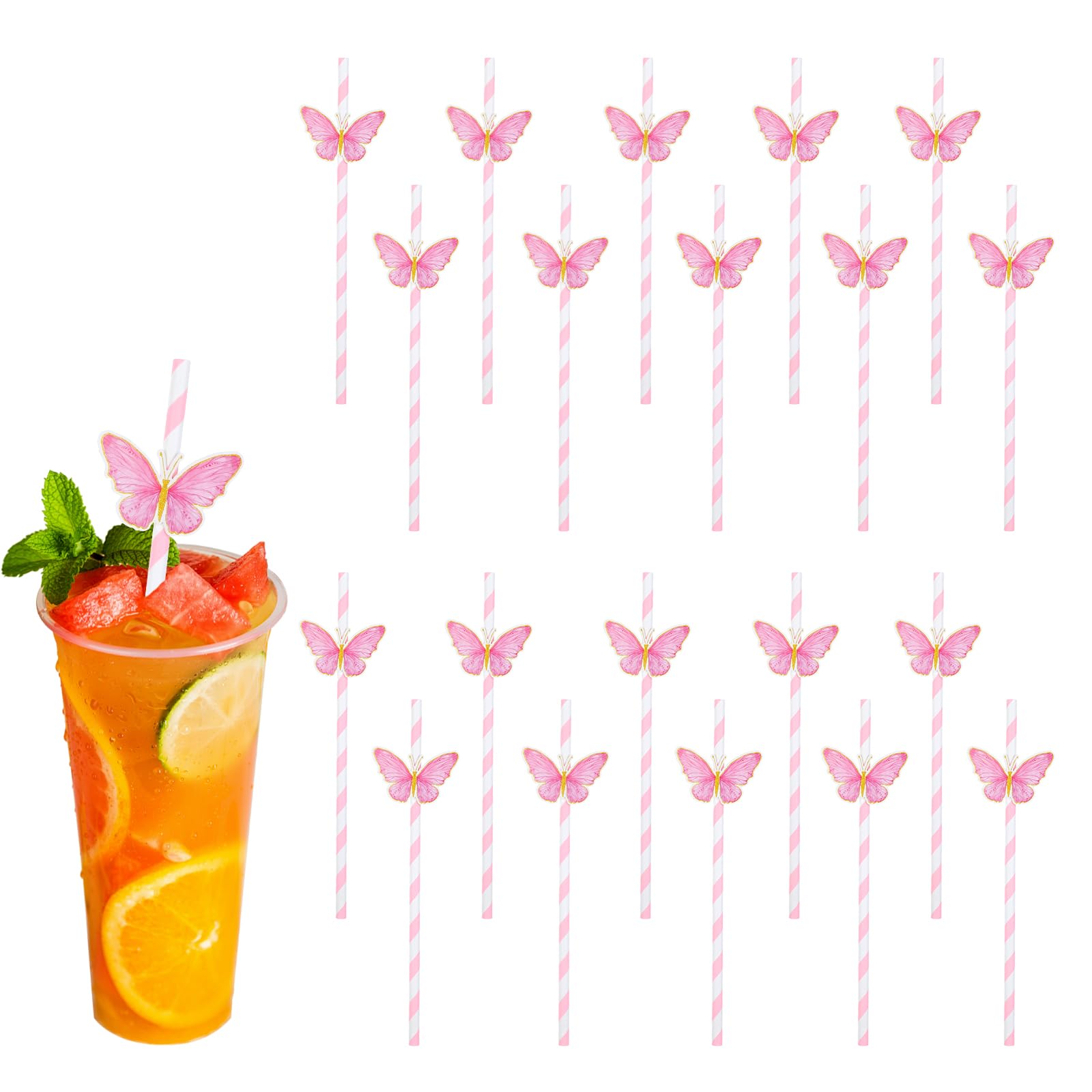 20 Strohhalm Papier, 19.7cm Gestreiftes Strohhalme Papier Rosa Einweg-Trinkhalme Papierstrohhalme Party Strohhalme Papier Stroh für Hochzeit Baby Dusche Party Supplies