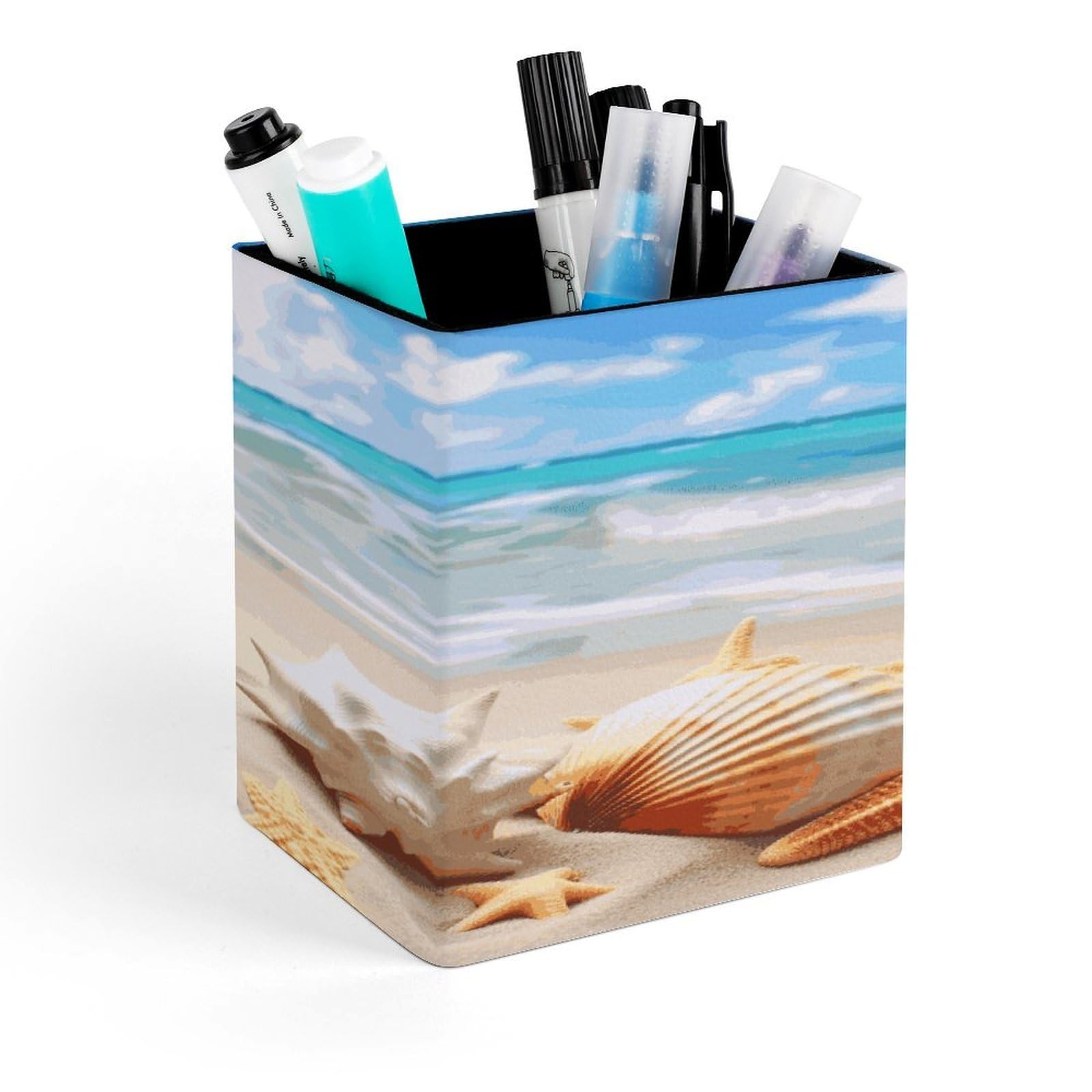 Starfish Seashell Ocean Beach Pencil Holder for Desk Square Leather Pen Holder Cup Desktop Organizer Multi-Functional Pencil Cup Holders Modern Decorative Desk Organizer Caddy Makeup Brush Holders