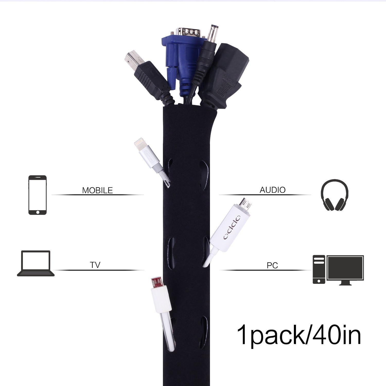 Neoprene Adjustable Cable Management Sleeve for PC / TV / Home Theater / Speaker Home Entertainment Center, Cable Organizer, 3.3 feet, 1 inch OD