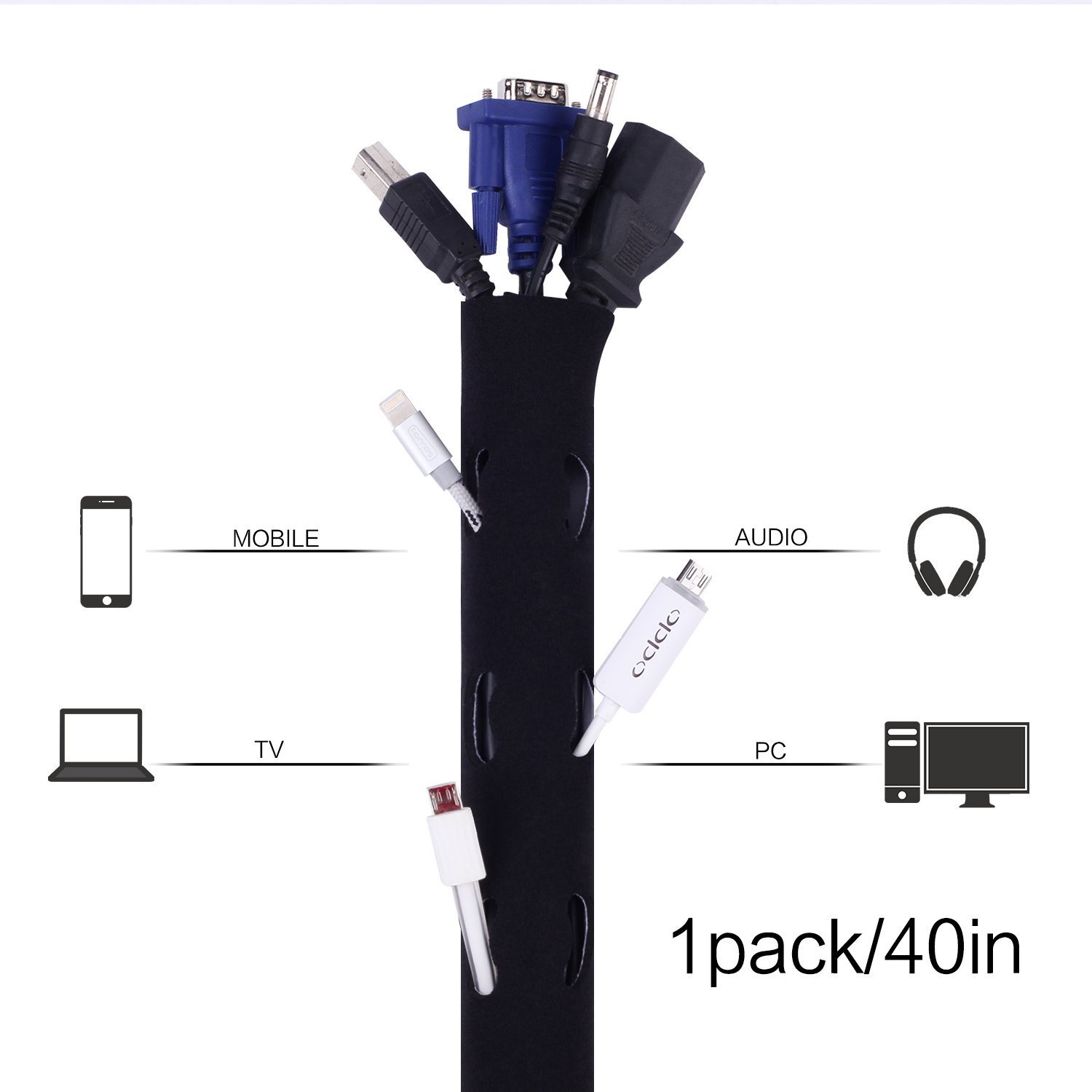 Neoprene Adjustable Cable Management Sleeve for PC / TV / Home Theater / Speaker Home Entertainment Center, Cable Organizer, 3.3 feet, 1 inch OD