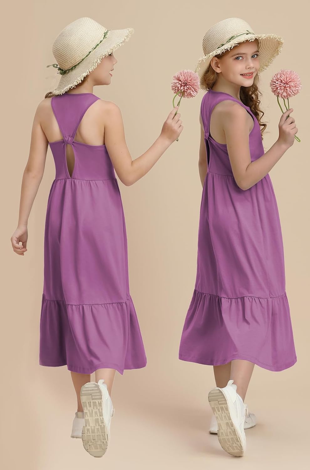 Girls Summer Maxi Dress Sleeveless Back Detailed Tiered Sundress with Pockets 5-12 Years - Image 5