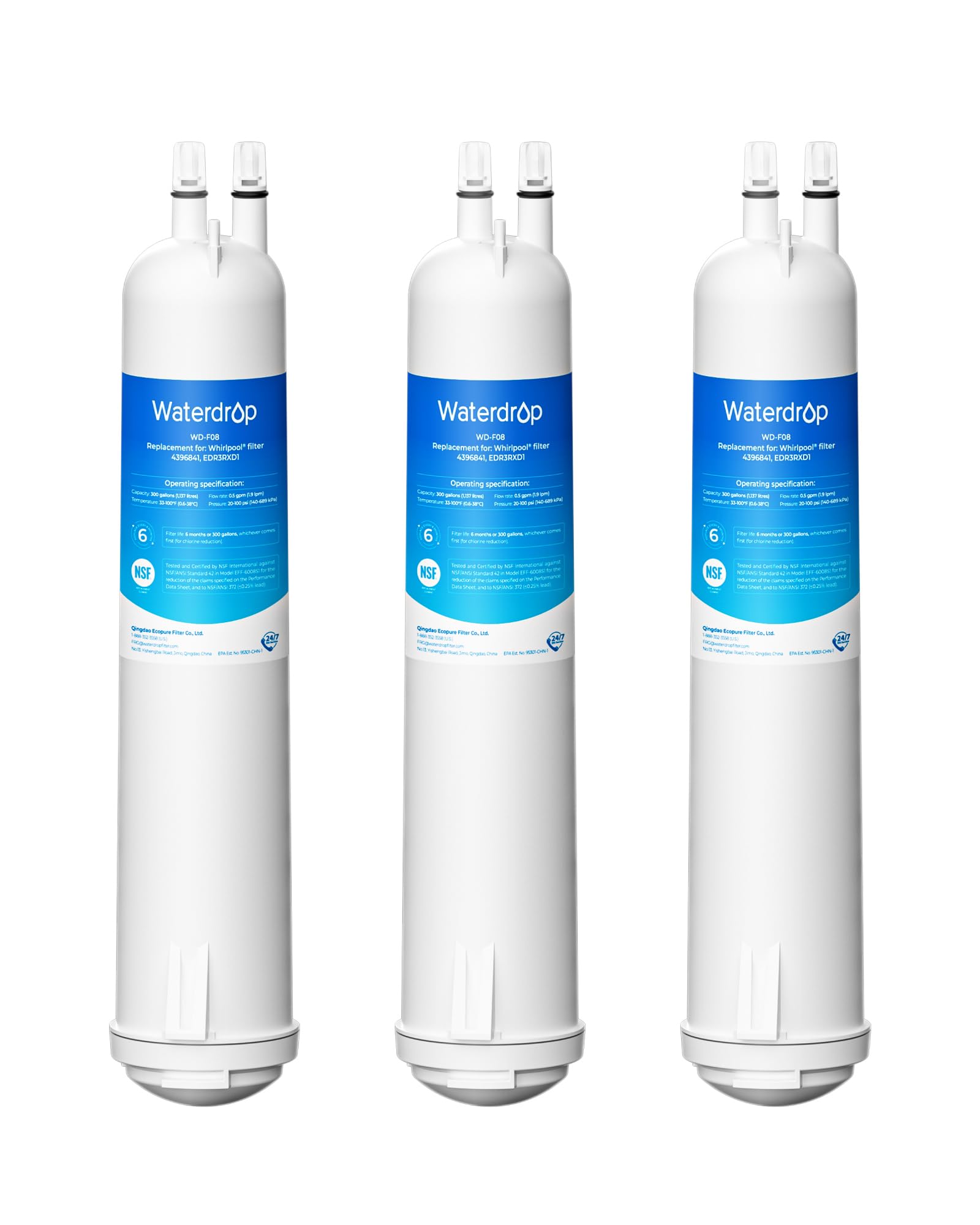 Waterdrop EDR3RXD1 Replacement for Everydrop® Filter 3, 4396841, 4396710, Kenmore® 46-9083, 46-9030, WD-F08 Refrigerator Water Filter, 3 Filters