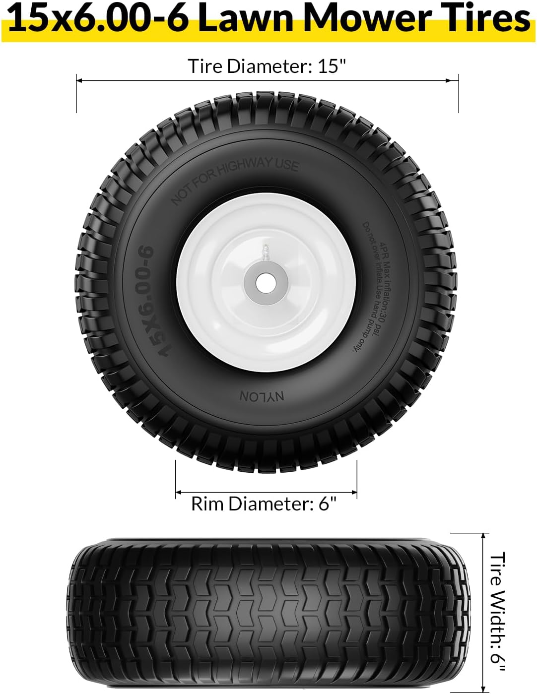 15x6.00-6nhs Lawn Mower Tires and Wheels, Riding Lawn Mower and Garden Tractor Front Pneumatic Tire Replacement Assembly, Easy to Install, 500Lbs Load, 3" Offset Hub, 3/4" Bearing, 2Pack White