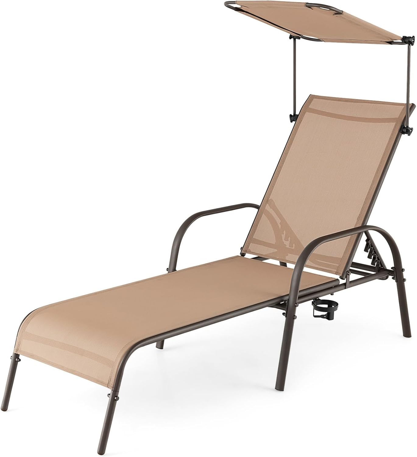 Brown Metal Outdoor Chaise Lounge with Adjustable Canopy and Cup Holder