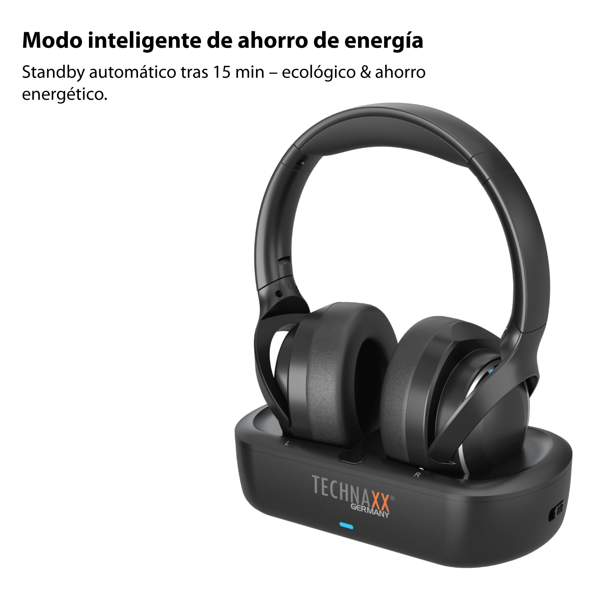 Technaxx Auriculares TV inalámbricos con Base de Carga – Cascos Bluetooth 5.4 Over-Ear con micrófono, 30h batería, USB-C, Entrada óptica y AUX – Ideales para televisión, Mayores y música - TX-350