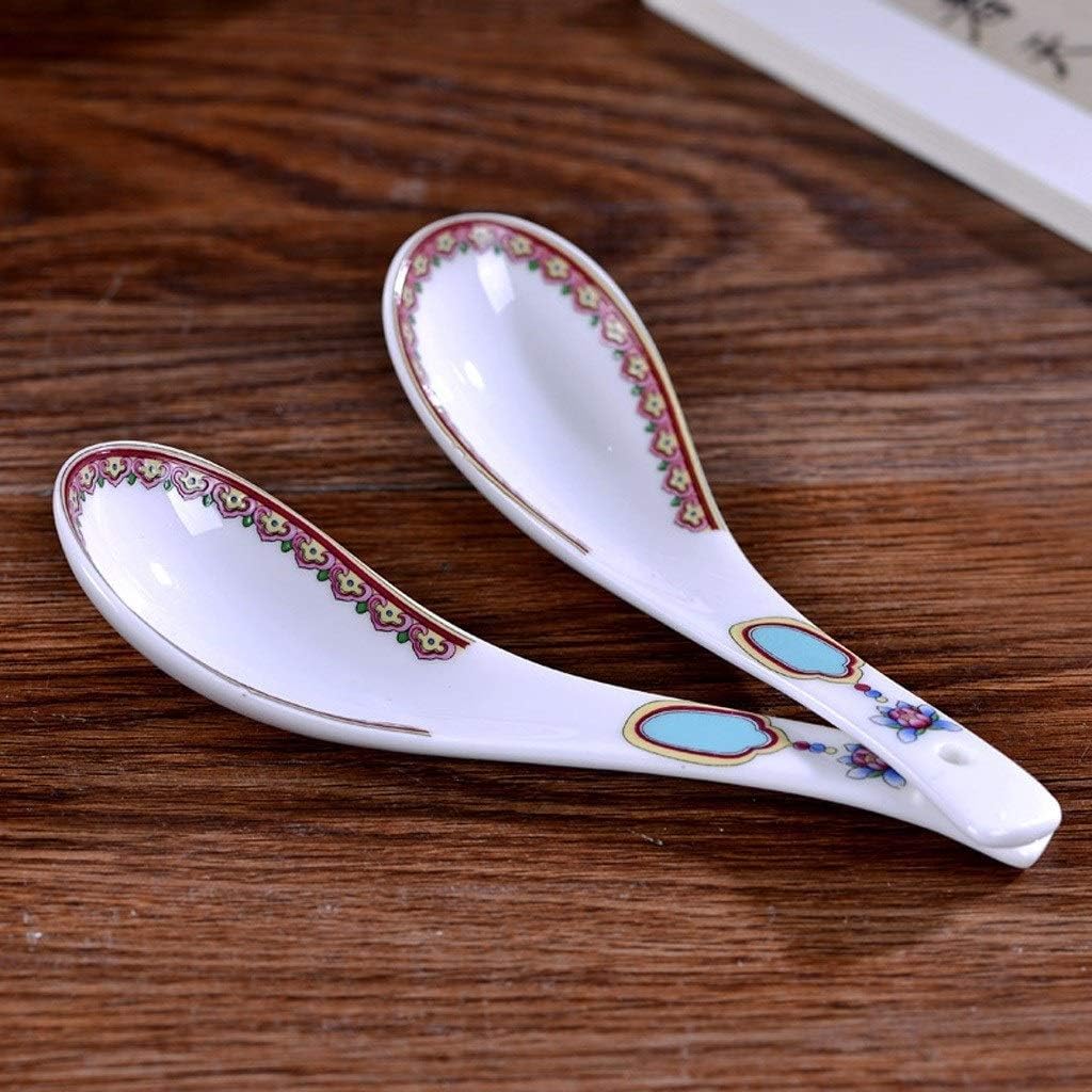 Scoop Chinese Porcelain Soup Spoons with Retro Pattern Design 5.3-Inch Long Rice Spoons Set of 6 Soup Spoon