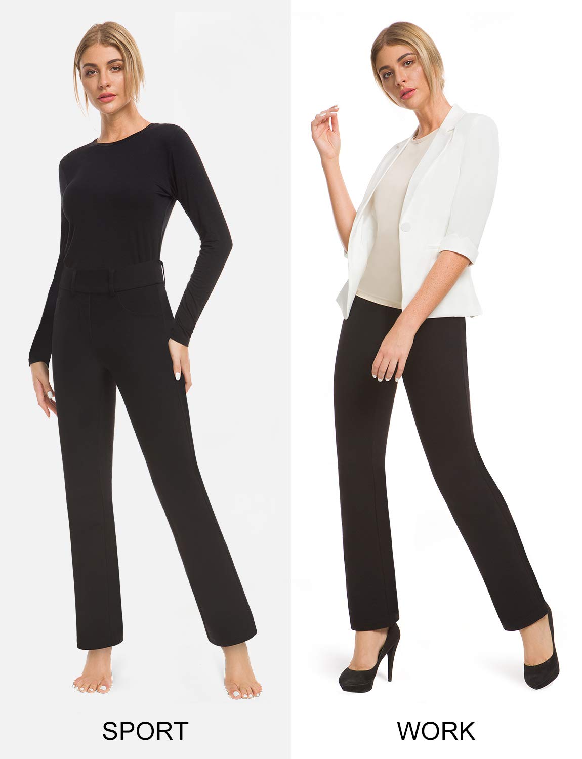 Bamans - Pantaloni lunghi stretch da donna, eleganti,a vita alta, casual, per il tempo libero e l’ufficio, colore nero, Nero , L