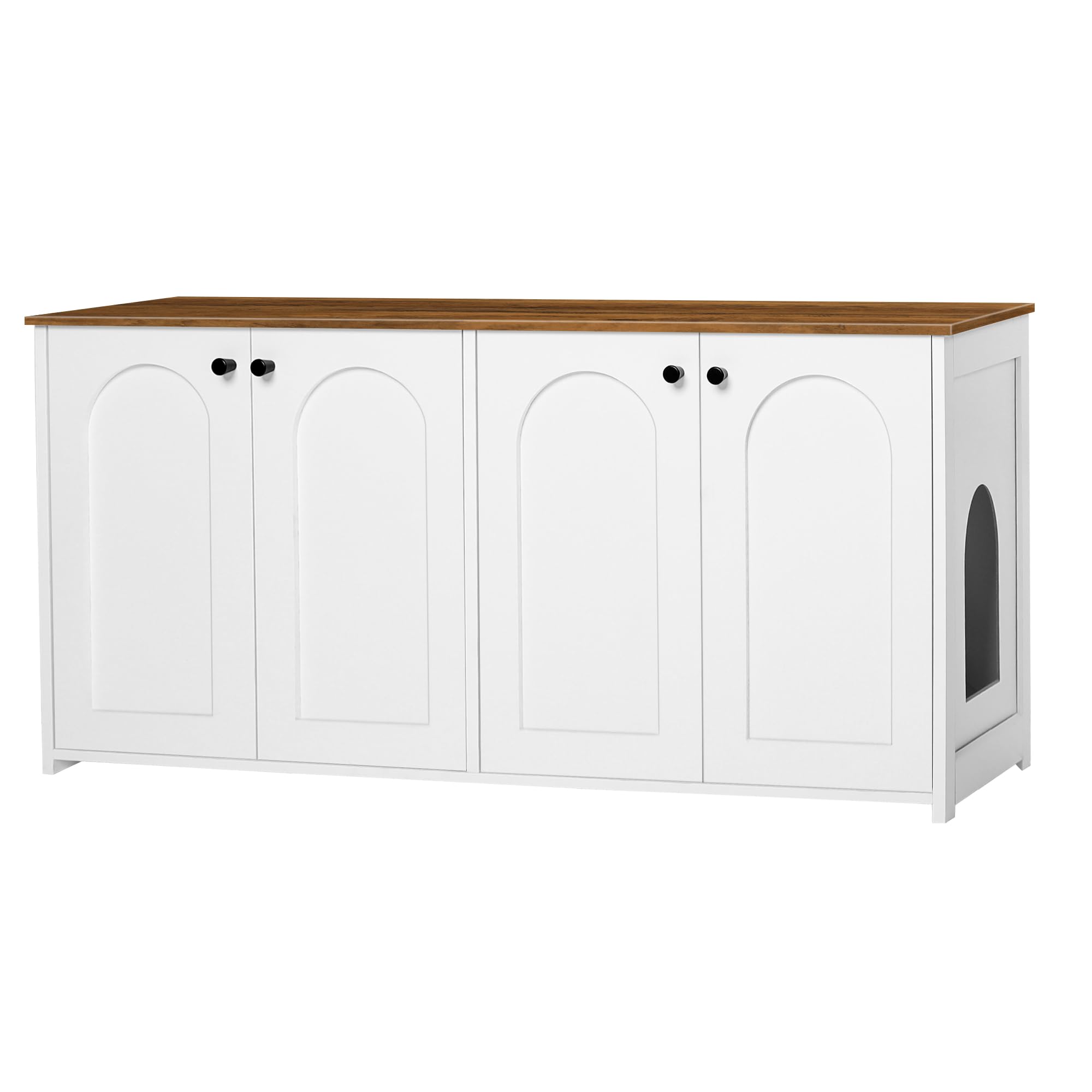 Dwanton Litter Box Enclosure for 2 Cats, Dual Room Cat House, Large Wooden Indoor TV Stand, Fit Most Boxes, White+Warm Brown