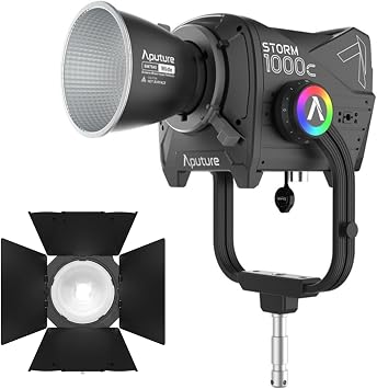 Aputure Storm 1000c Point-Source Fixture with Wide Hyper Reflector Black Bundle with Aputure CF12 Barn Doors for CF12 Fresnel with 8-Leaf Design and Metal Scrim Holder Black 2 Items