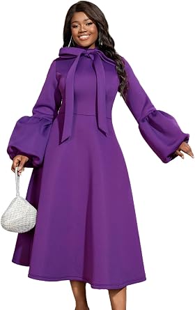 AOMEI Womens Bowtie Neck Lantern Sleeve High Waist A-Line Long Dress