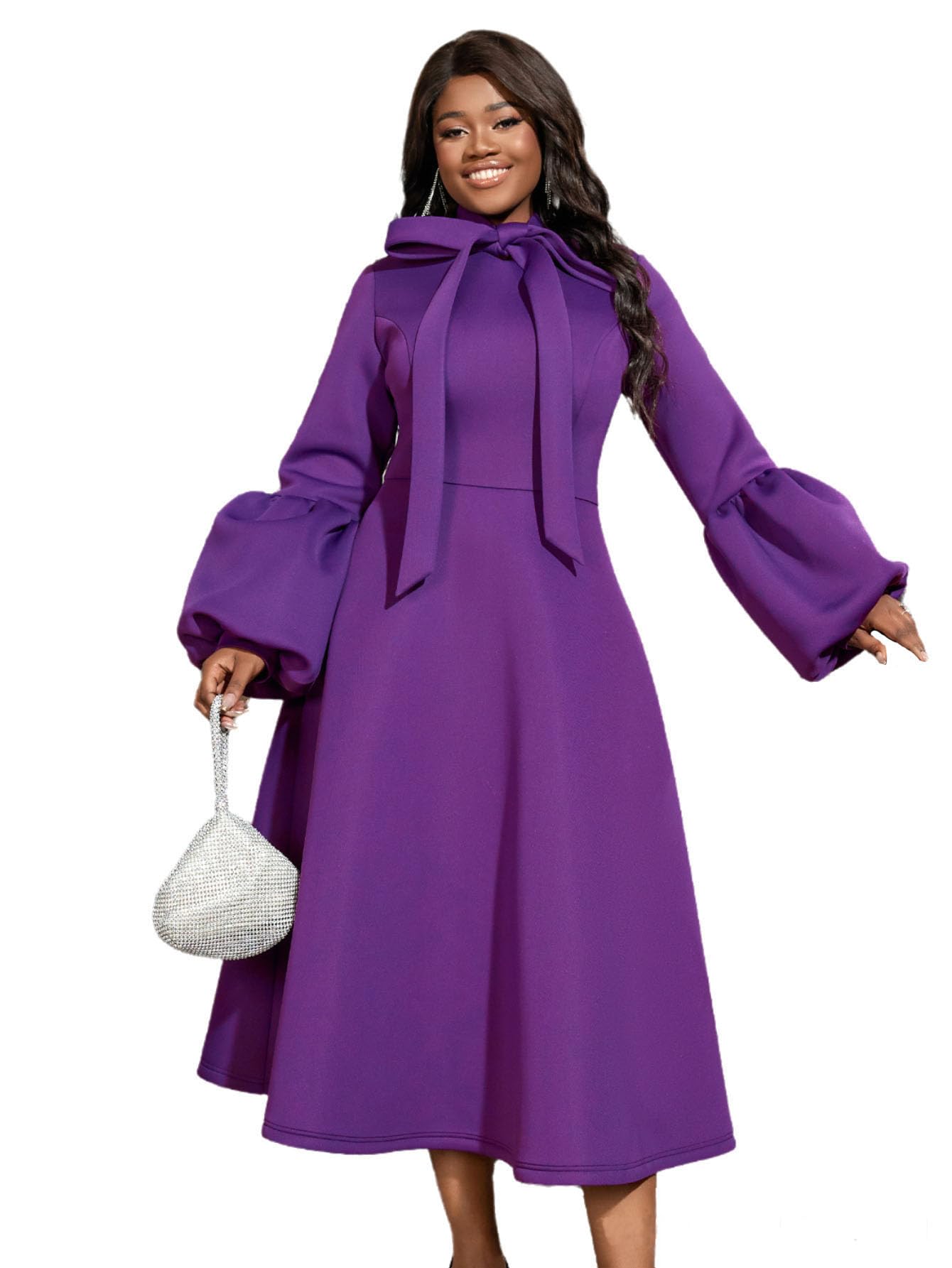 AOMEI Women's Bowtie Neck Lantern Sleeve High Waist A-Line Long Dress