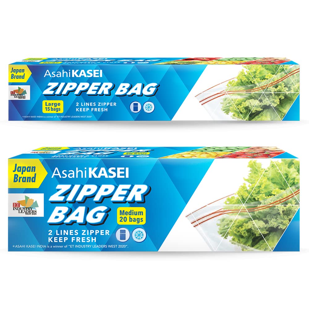 Asahi Kasei Zipper Bag (Pack of 2)(Large & Medium) | Japan’s Brand | 100% Leak-Proof | Double Zipper Lock | Reusable & Washable | Keeps Food Fresh | Store Vegetables & Meat | Refrigerator Safe-image-4