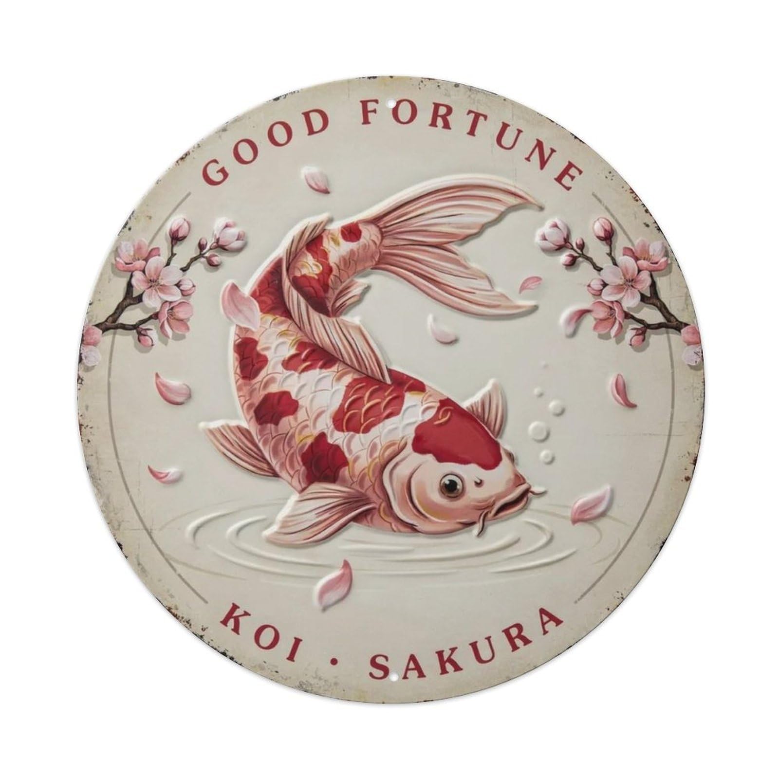 Cherry Blossom Koi 3D Round Metal Tin Sign Plaque