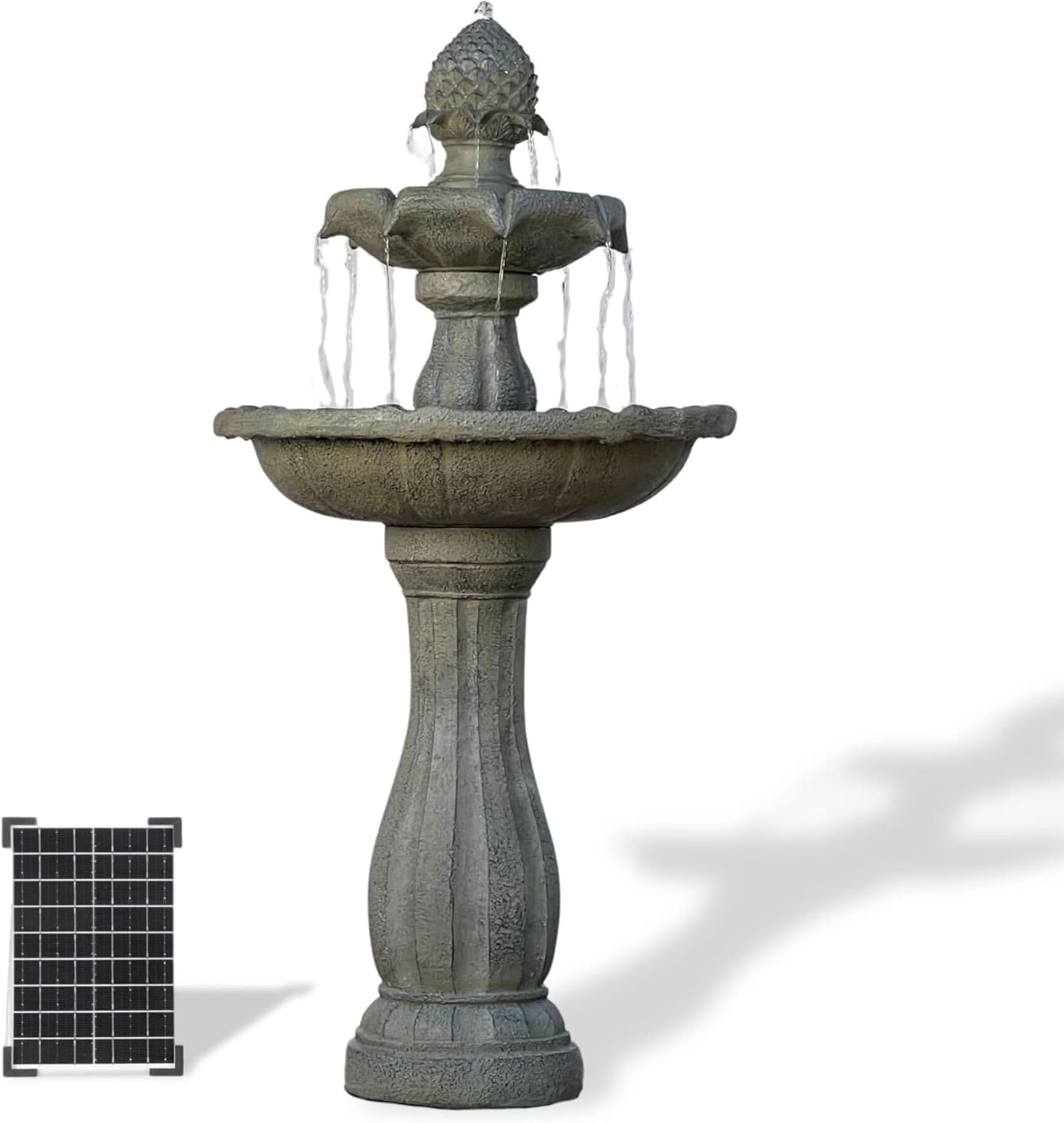 XBrand 44" Solar Powered 2-Tier Outdoor Water Fountain, Fiberglass Resin Fountain with Solar Panel Pump and Auto Shut-Off, Brown