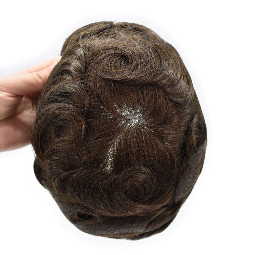 Lyrical Hair Thin Skin Mens Toupee Hairpieces V-loop 0.1-0.12mm Medium PU Thickness Full Poly Human Hair Piece for Mens Wig Poly Mens Replacement System (#240 2# DARKEST BROWN WITH 40% SYNTHETIC GREY-90% Light Density)
