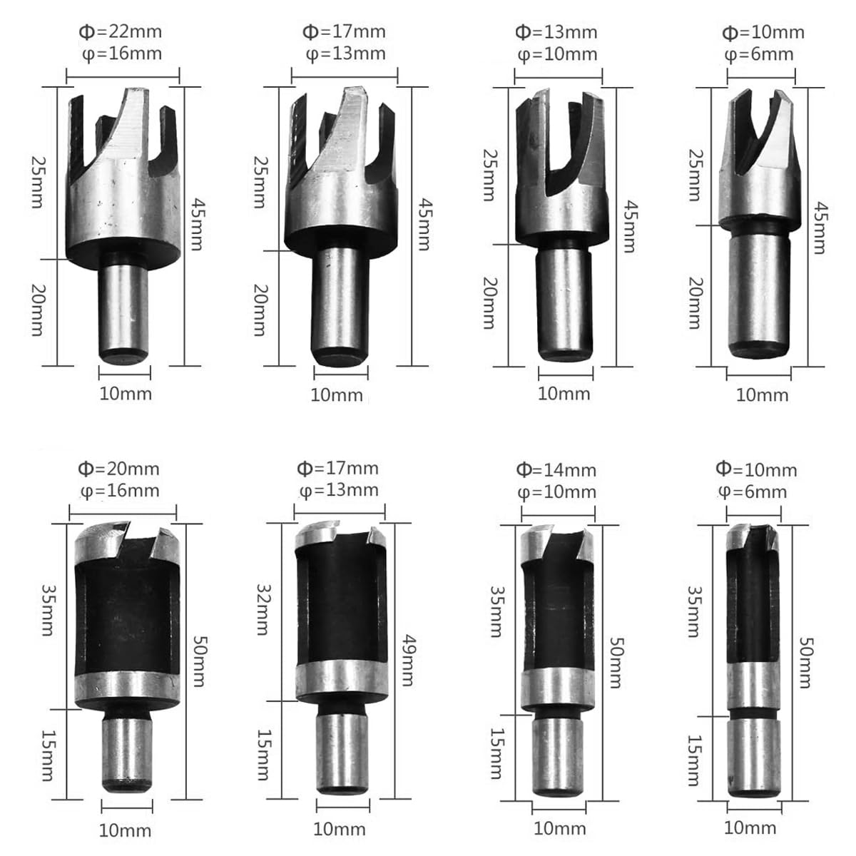 8Pcs Wood Plug Cutter Drill Bit Set, High Carbon Steel Titanium Coated Woodworking Chamfer Drill Bits Straight and Tapered Taper 6mm/ 10mm/ 13mm/ 16mm Woodworking Tool Set