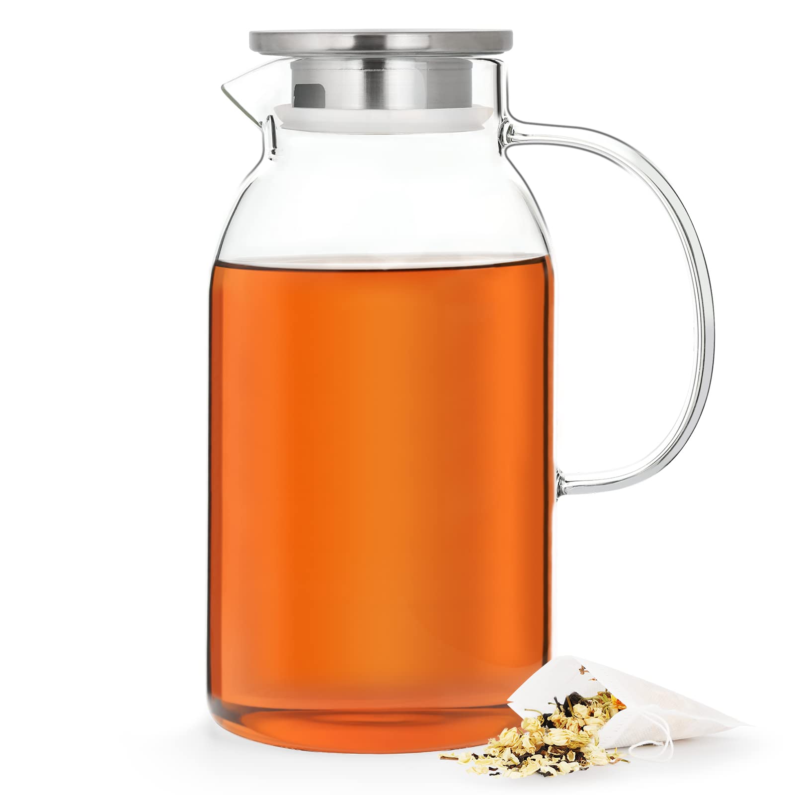 Tortoise IT Stovetop Safe Clear Glass Teapot with 50 Pcs Infuser Filter Bags, Glass Jugs Pitcher Pot Tea Hot Cold Water Kettle for Fruit Ice Tea, 67.6 Oz / 2 Liters