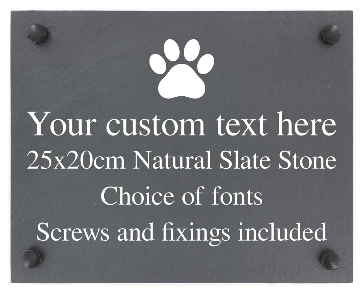 Personalised Paw Print Motif Natural Slate Plaque Sign with wall fixings - 25x20cm - Garden, Shed, House, Yard sign