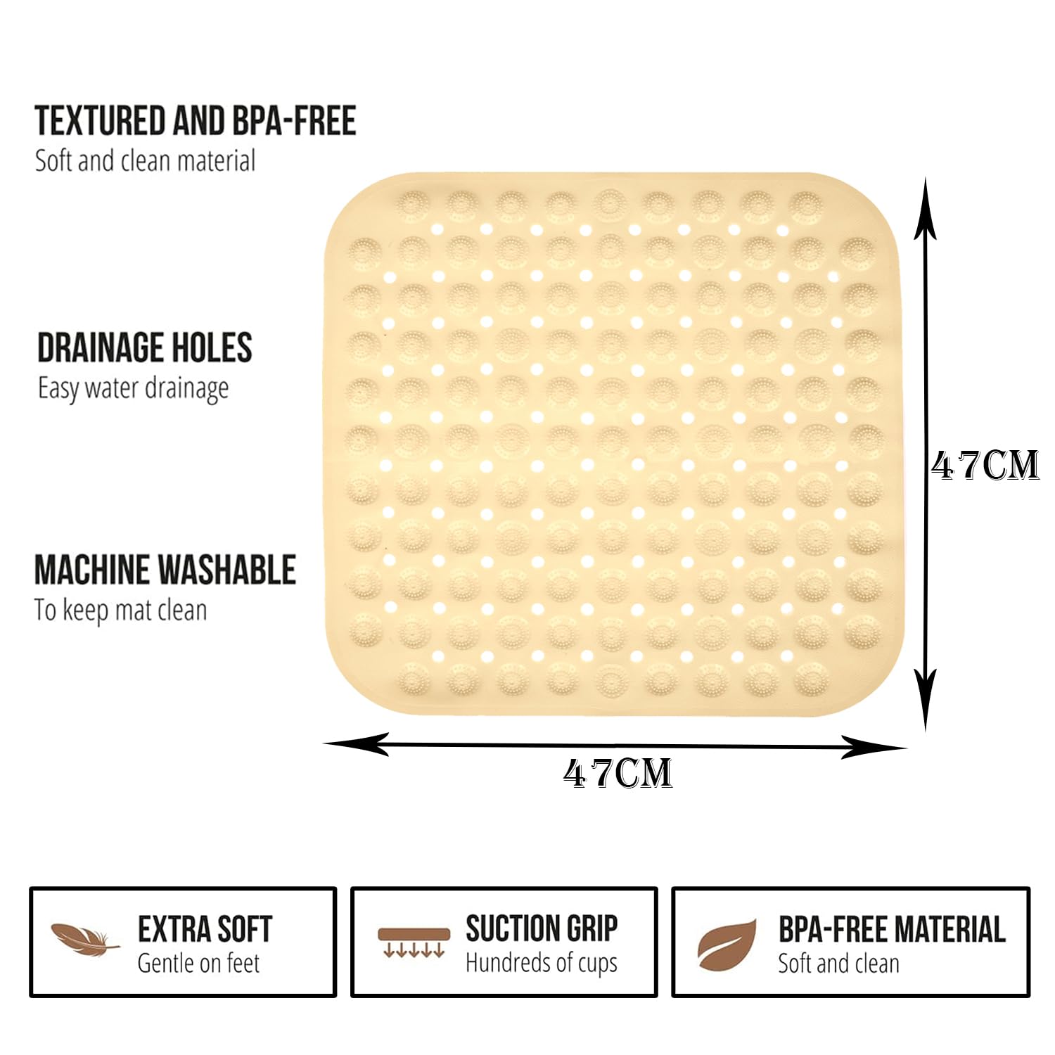 Urbane Home Bath Mat | PVC Bathroom Mat | Shower Bath Mat | Square Bath Tub Mat | Foot Massager Mat | Anti-Skid Floor Mat | Shower Mat | Pack of 2 | Cream 1