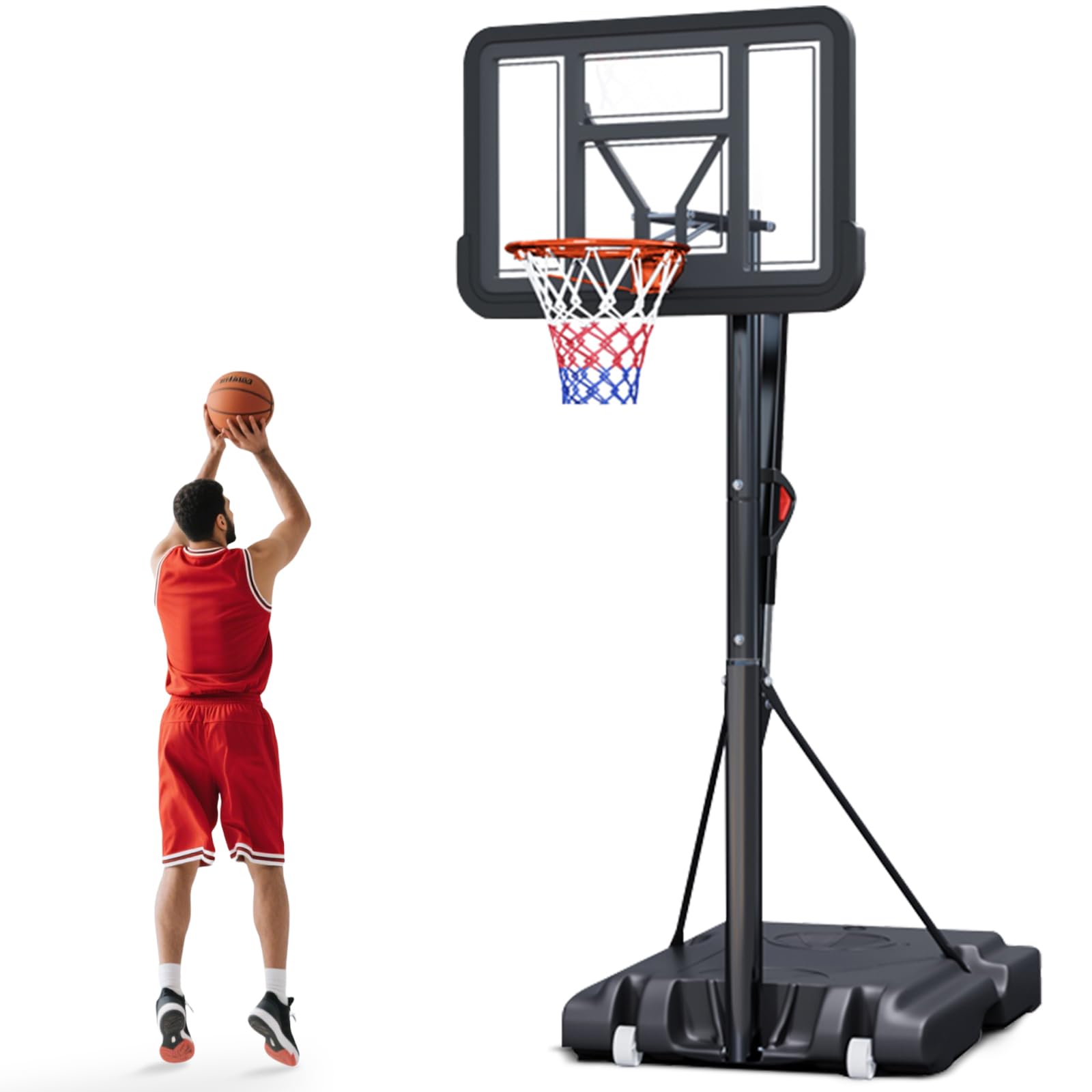 Portable Basketball Hoop Outdoor, Adjustable Height 5.5-10FT Basketball Goal with Heavy-Duty Steel Frame & Wheels, 44 Inch Backboard Basketball System for Driveway, Backyard