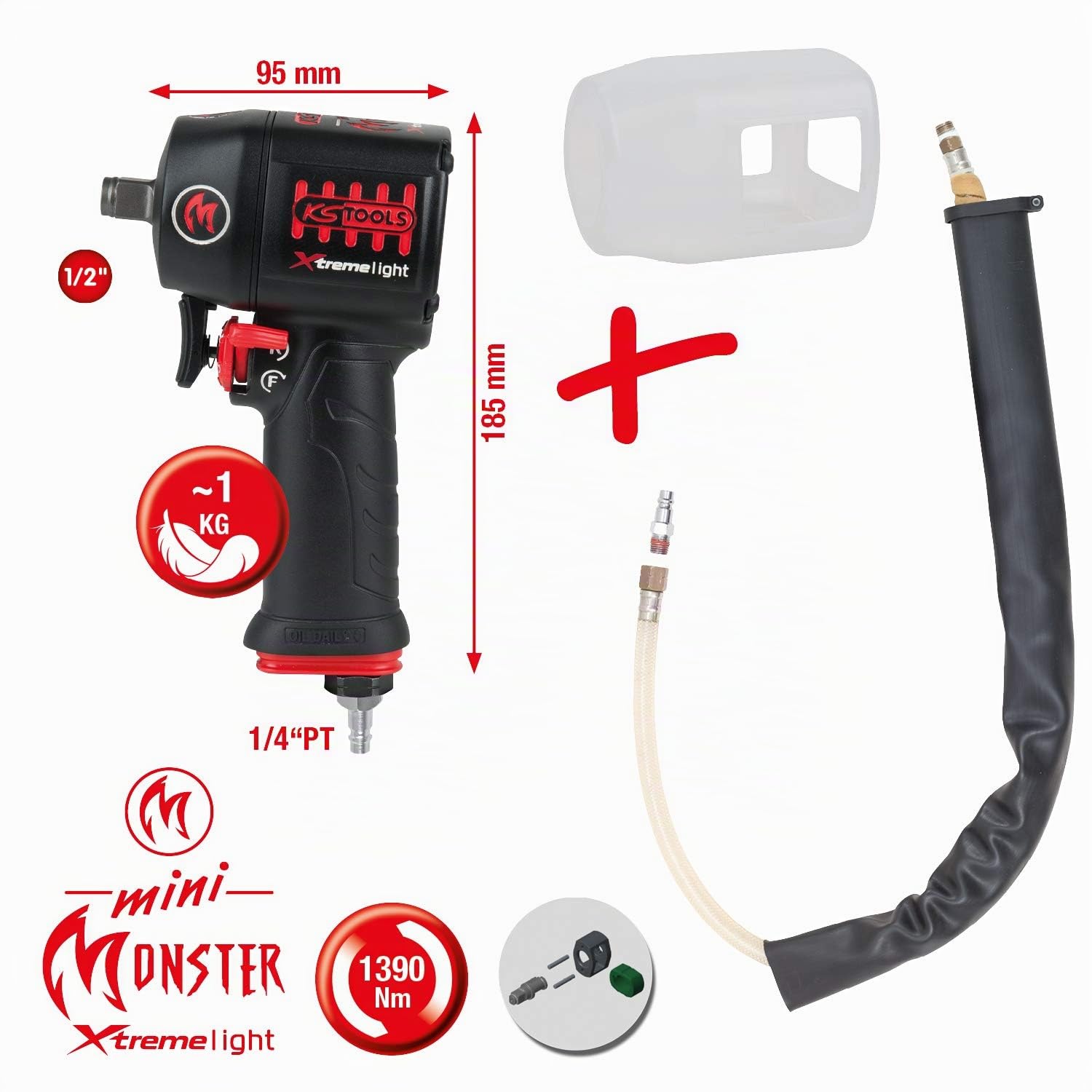 KS Tools 515.1155 - Clé à Choc Pneumatique Mini Monster Xtremelight 1/2'' - Boulonneuse à Choc avec Silencieux et Protection Silicone - Visseuse à Choc Électrique Ultra Légère - Puissance Max 1390 Nm