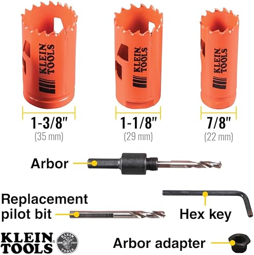 Miniatura 2 de Klein Tools 32905 Kit de sierra perforadora para electricista con eje para cortar acero, paneles de yeso, tejas de techo, madera, plástico, 5 piezas