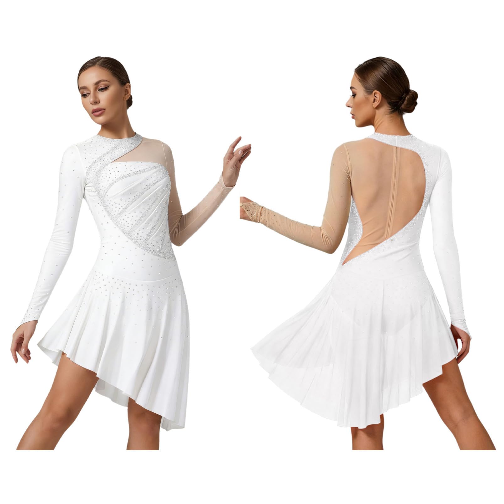 Aislor Femme Patineuse Tenue Robe Compétition Patinage Artistique sur Glace Strass Manche Longue Danseuse Robe Courte Danse Latin Moderne Performance