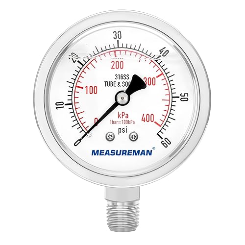 MEASUREMAN Fully Stainless Steel Hydraulic Glycerin Filled Pressure Gauge, 2-12" Dial Size, 14" NPT Lower Mount, 0-60psikpa