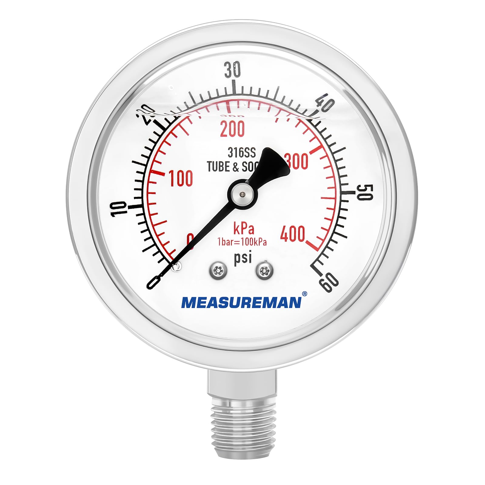 MEASUREMAN Fully Stainless Steel Hydraulic Glycerin Filled Pressure Gauge, 2-1/2" Dial Size, 1/4" NPT Lower Mount, 0-60psi/kpa