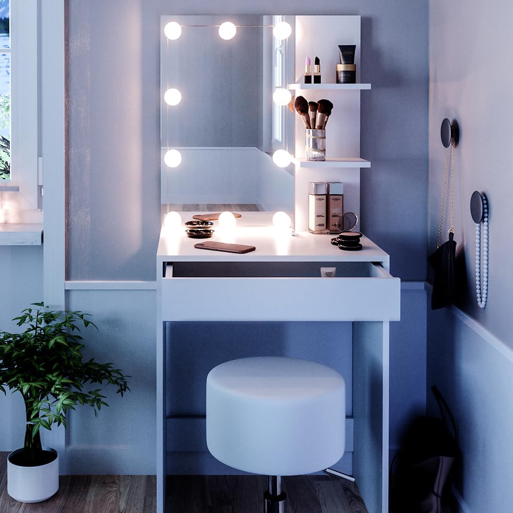 Vicco Schminktisch Isabelle, Weiß, 60 cm | mit LED Beleuchtung und Hocker, Platzsparend und funktional zugleich