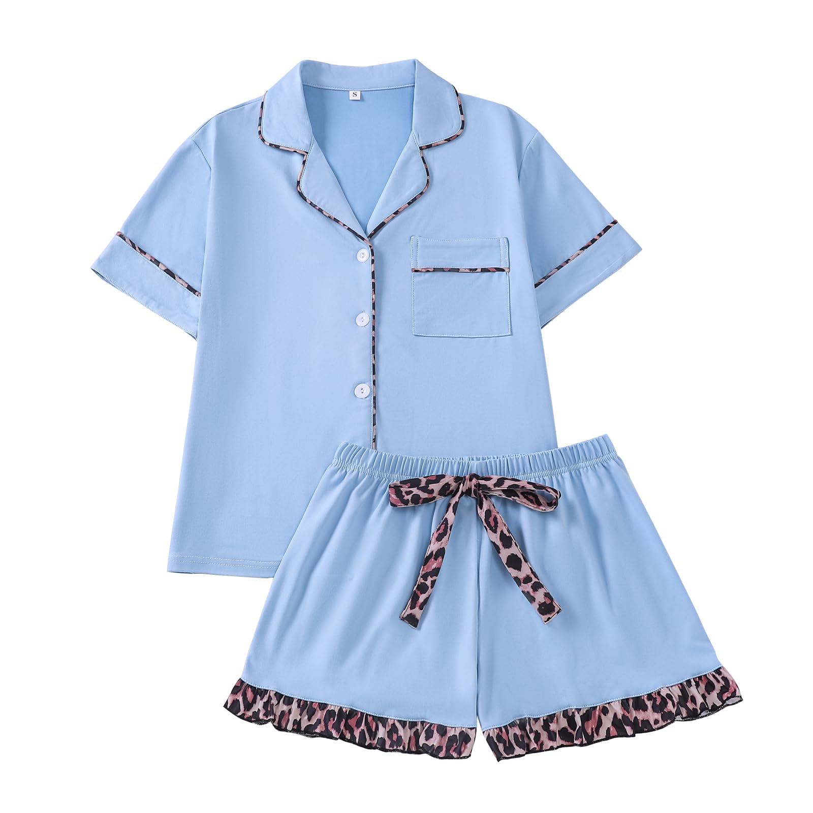 RONGTAI Damen Pyjama Set mit Leopardenmuster Button-Down-Kragen 2-teilig Sommer-Pyjama Shorts-Set Nachtwäsche Loungewear S-XL