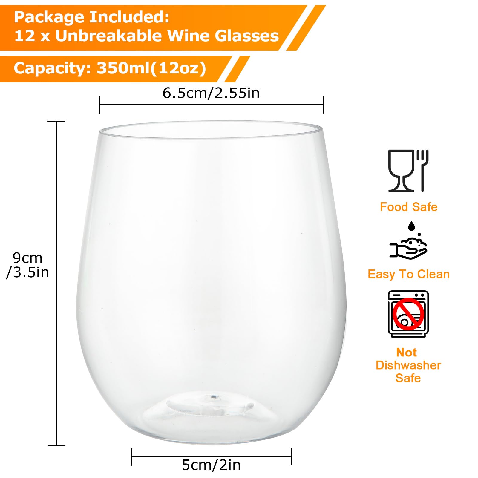 12 bicchieri da vino in plastica, 350 ml, riutilizzabili, senza stelo, trasparenti, infrangibili, senza stelo, per feste di Natale, campeggio, picnic