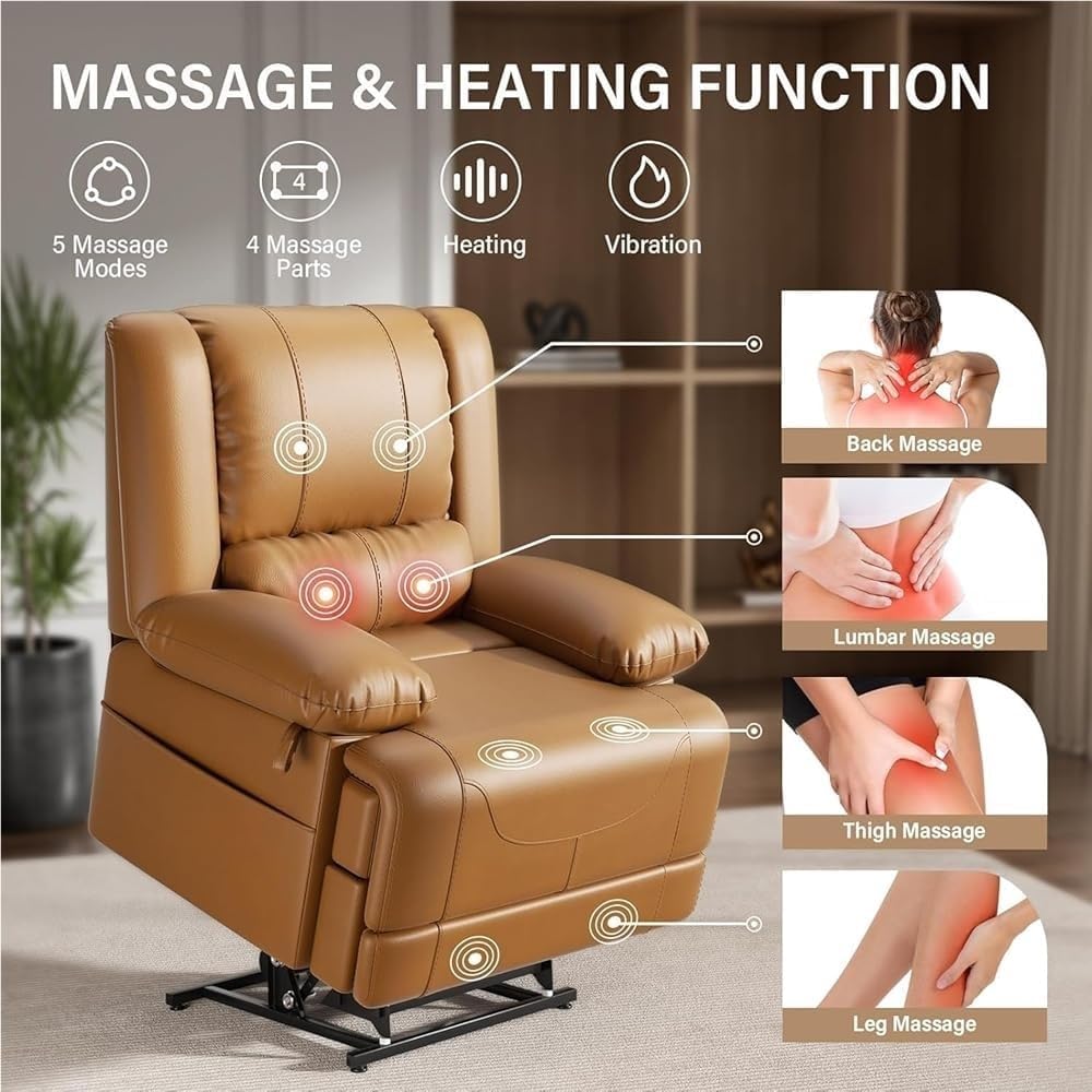 Power Lift Recliner Chair with Heat & Massage - Faux Leather Electric Recliner for Elderly, Lounge Sofa with USB Ports - Home Theater Seating & Living Room Chair