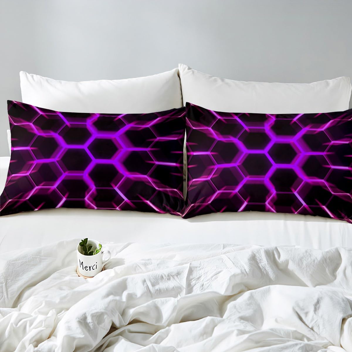 Honeycomb Duvet Cover King Black Purple 3D Geometric Beehive Hexagon Bedding Set Gamer Room Decor for Boys Girls Kids,Neon Light Geometrical Honeycomb Comforter Cover Glowing Hexagonal Bed Set - Image 4