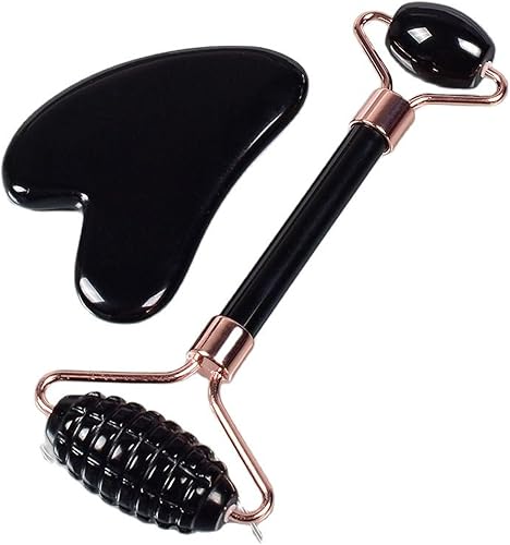 Miniatura 3 de Herramienta de cuidado facial de obsidiana negra Sawtooth Facial Roller Gua Sha Herramientas Sets Natural Stone Crystal Massager,guasha Tool