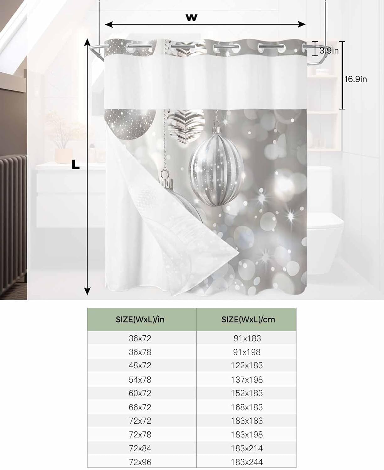 Waterproof No Hook Shower Curtain with Snap in Liner for Bathroom, Silver Gray Balls Ornaments Sparkle Double Shower Curtain with See Through Top Window, 72x72 Inch