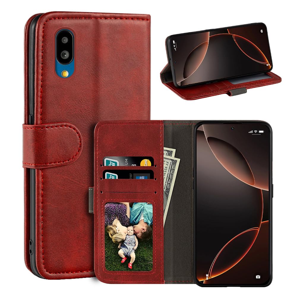 Leather Flip Cover Compatible with Sharp Basio Active 2 Wallet Case with Card Slots, Magnetic Closure, Stand Function, RFID Shockproof Folio (Red)