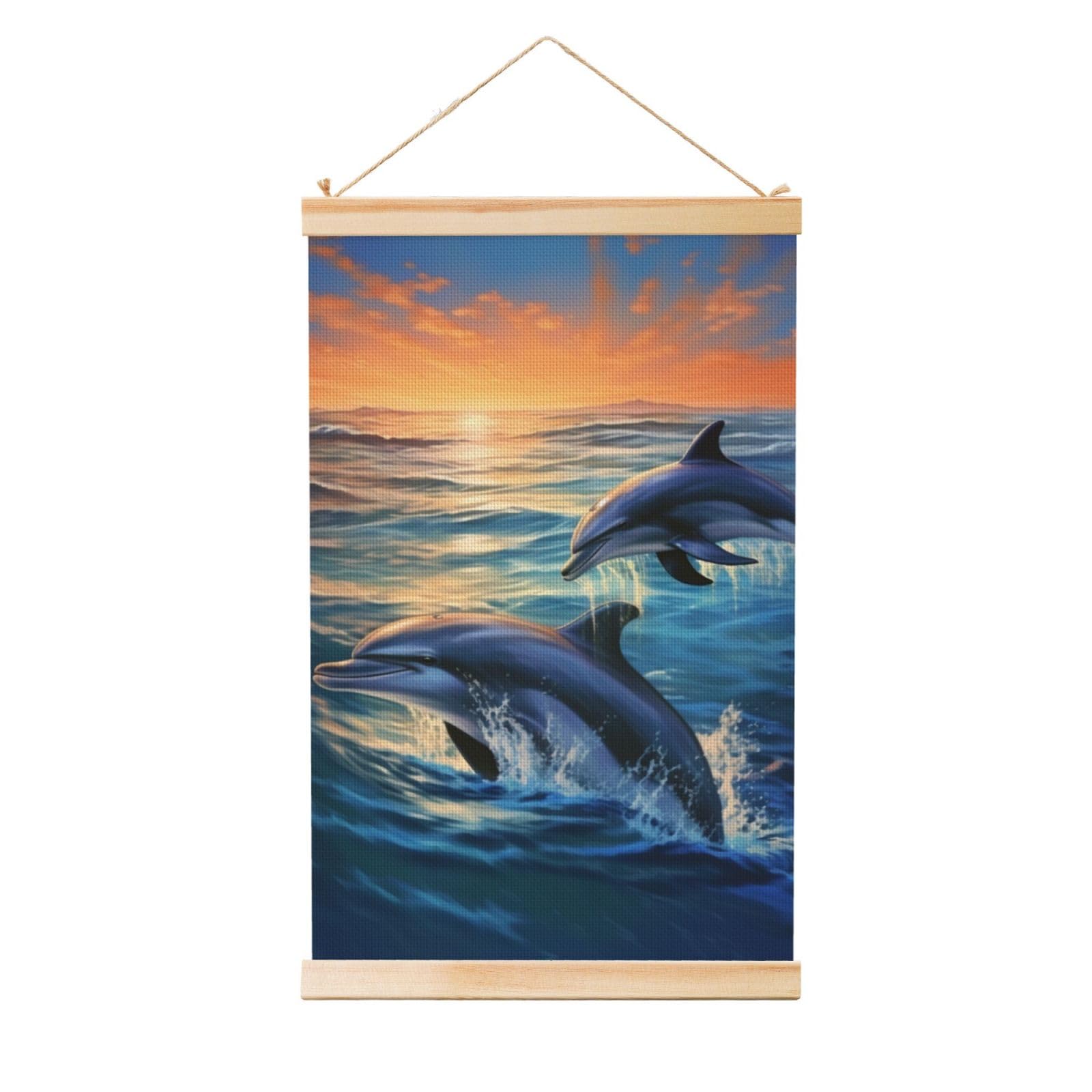 dolphins in the sea Poster Wooden Shaft Hanging Poster Wall Hanging Banner Canvas Artwork with Wood Frames 16"x24" Modern Artwork Decor Ready to Hang Wall Art for Home Decor Scroll Painting