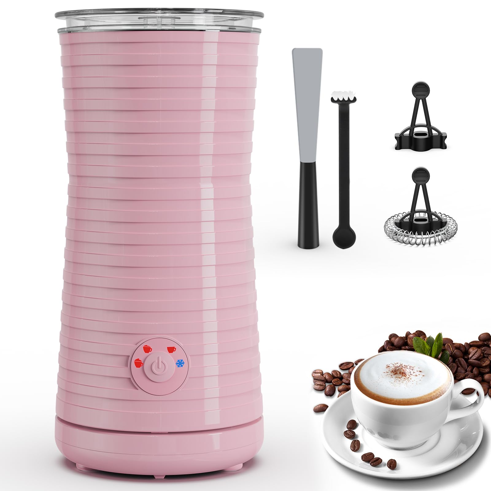 Espumador de Leche Eléctrico​4 en 1, Morpilot ​​Calentador de Leche​​ para Espuma Fría/Caliente, Ideal para Cappuccino, Latte y Leche Caliente, 240ml, Rosa