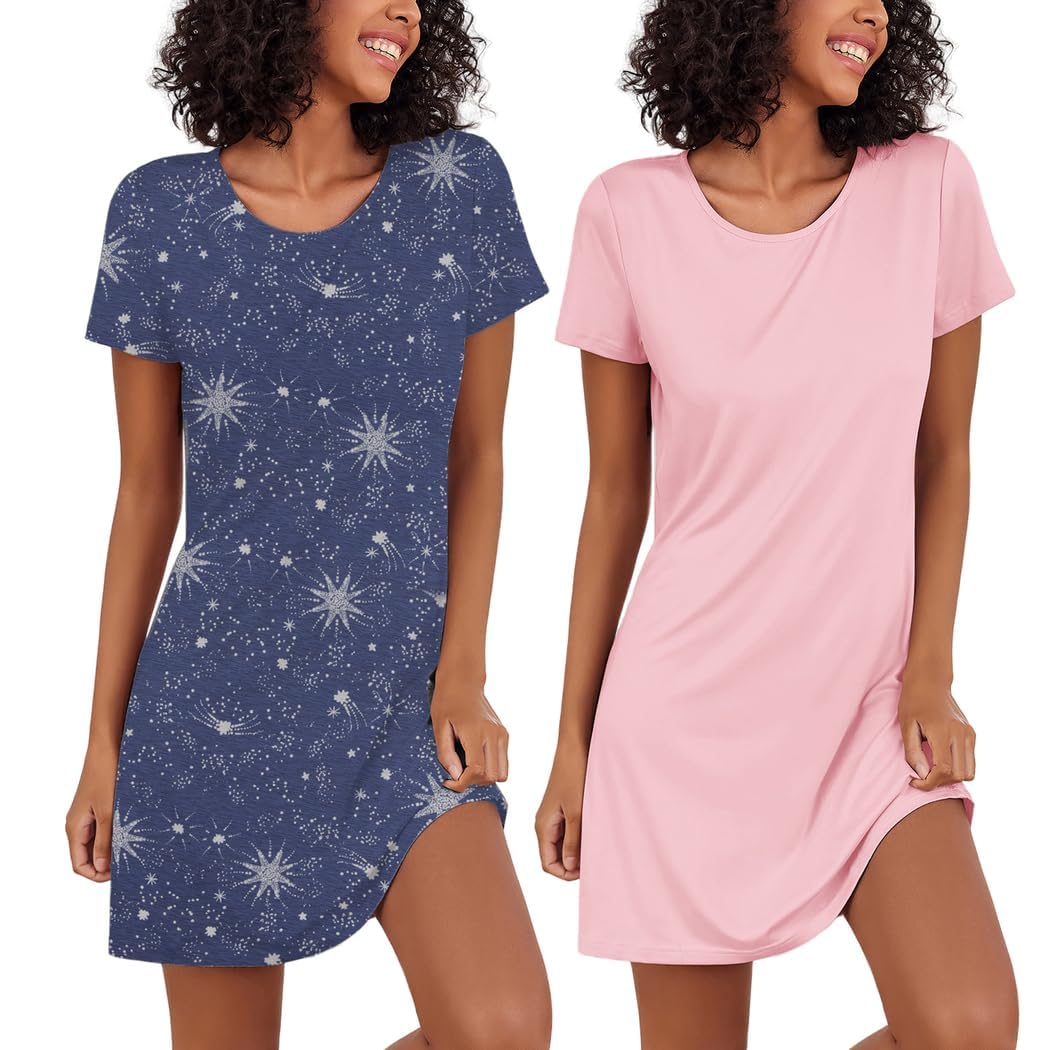 Ekouaer Nachthemd Damen Zweiteiliger Sleepshirt Kurzarm Nachtwäsche Schlafhemd Leicht Schlafshirt, 2er Pack, S-XXL