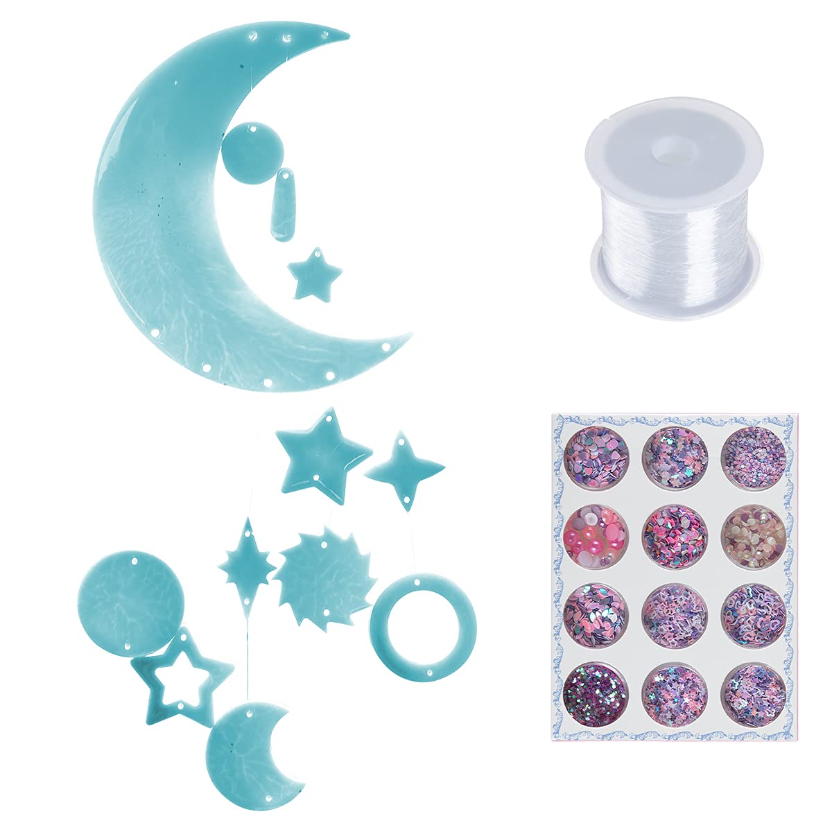 Newinglan Resin Molds Silicone Kit, 3Pcs Windbell Epoxy Resin Molds Set with Colors Sequin, Moon Star Wind Chimes Epoxy Silicone Mold for DIY Wind-Bell Wall Hanging Decoration Pendant