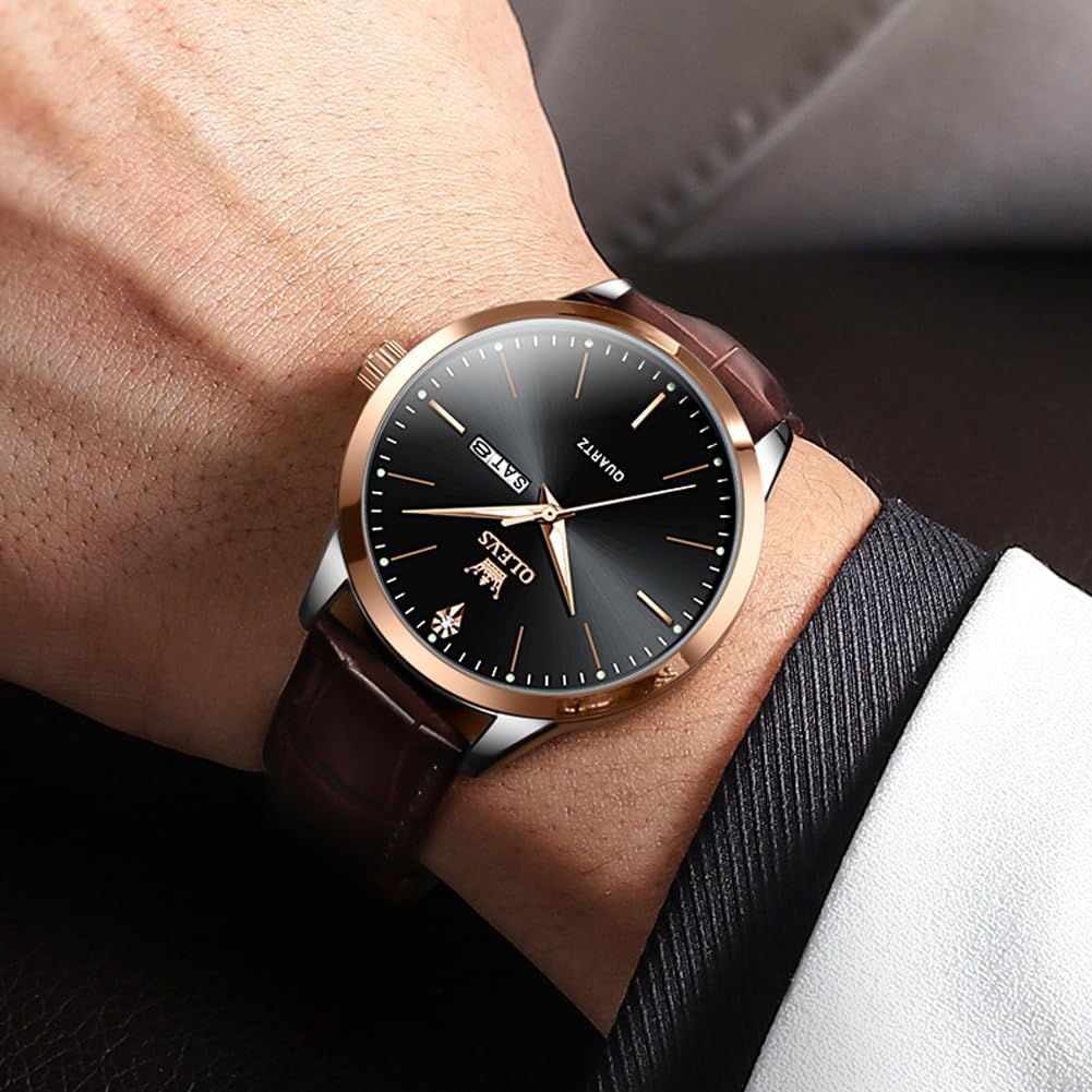 OLEVS Mens Watches, Dress Waterproof Classic Analog Casual Luxury Wrist Watch for Men with Date, Easy to Read Relojes para Hombres Male Quartz Wristwatch with Brown Black Leather Band Blue Black Dial - Image 3