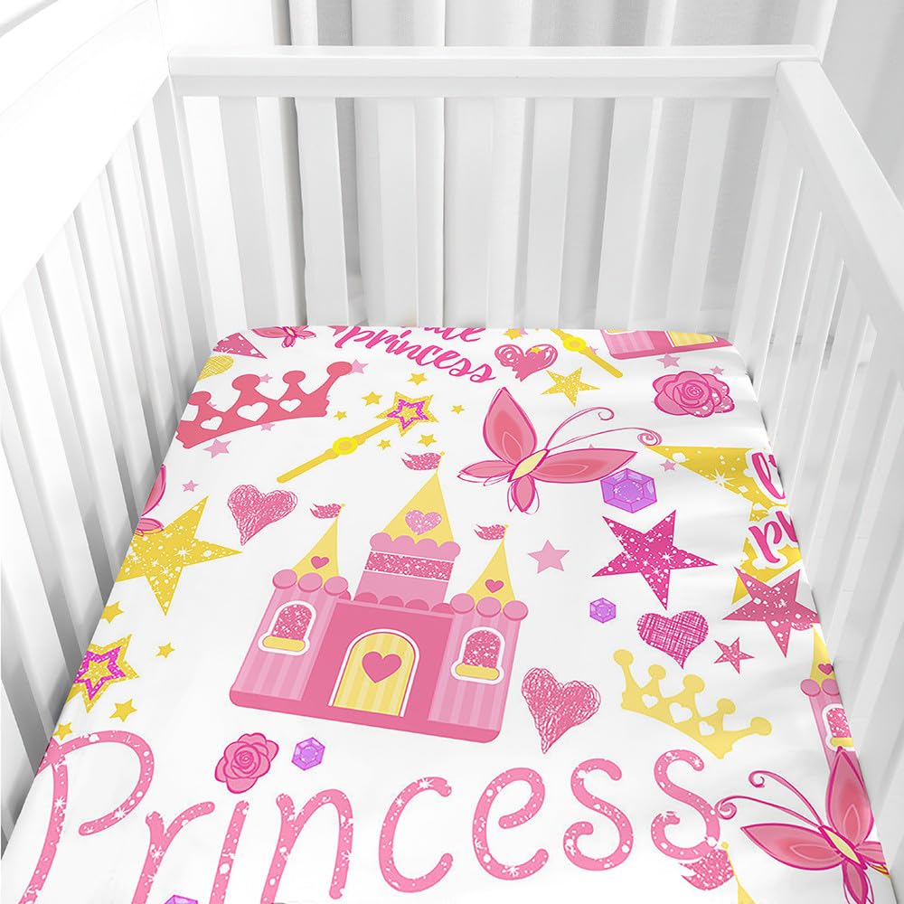 Hiseng Microfiber Crib Sheets, Cot Bed Sheets with Cartoon Pattern Cot Fitted Sheets Bassinet Mattress, Soft and Comfortable Toddler Bed Sheets for Boys, Girls (Pink Castle,40x80cm)
